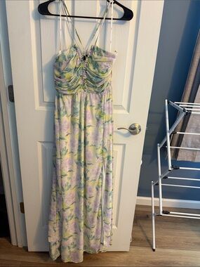Floral Ruched Maxi Dress - Lavender & Green